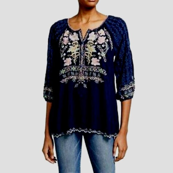 Johnny Was Tops - SOLD_SOLD_SOLD!!  JOHNNY WAS Vista Blouse Blue Night Embroidered Boho Tunic Top